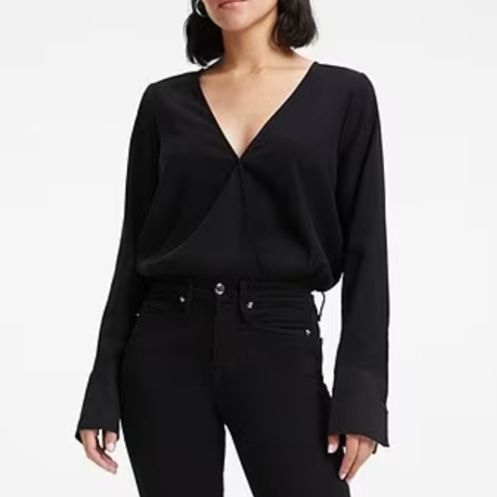 Good American Woven Deep Surplice V-Neck Long Sleeve Wrap Top (Size XS)